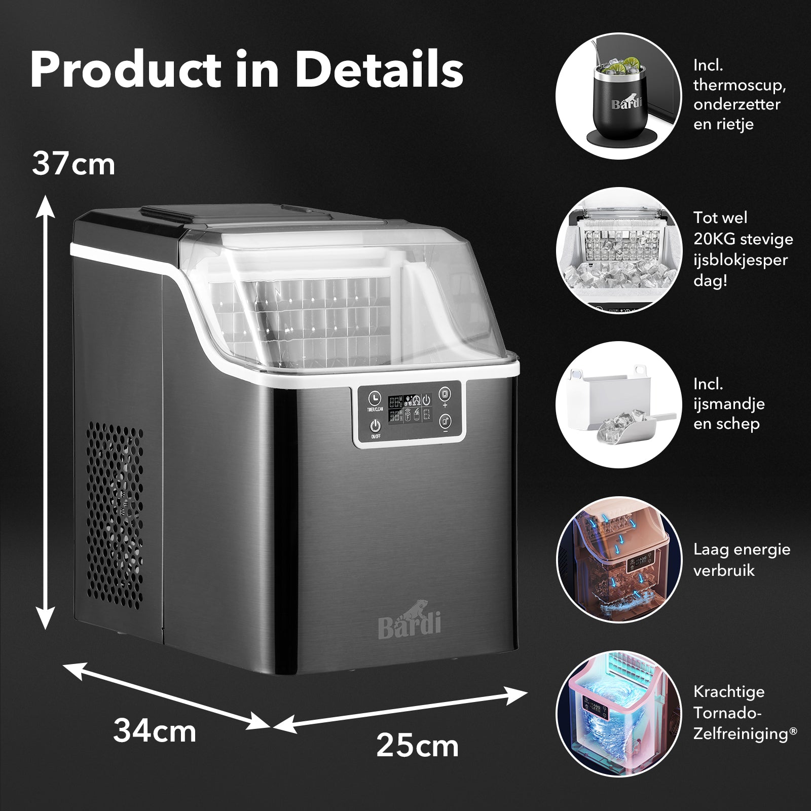 Bardi 3,2L Deluxe IJsblokjesmachine - Vierkante IJsblokmaker - LCD Display - 20Kg/24 uur. inclusief Thermosbeker en IJsschep - ZWART met citruspers Zwart