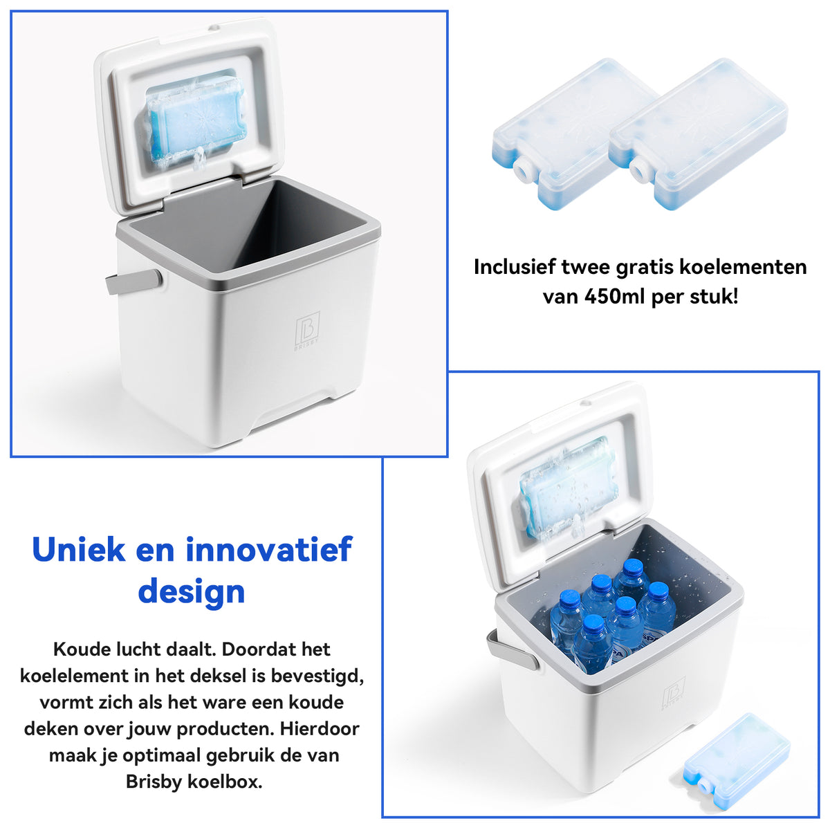 Brisby Koelbox - Frigobox - 13L- Wit- Tot maximaal 40 uur isolatie - Incl. 2 dikke koelelementen van 450ml - Met koelelementen vergrendeld in deksel en Brisby 500ml Zwarte Dubbelwandige Thermosfles