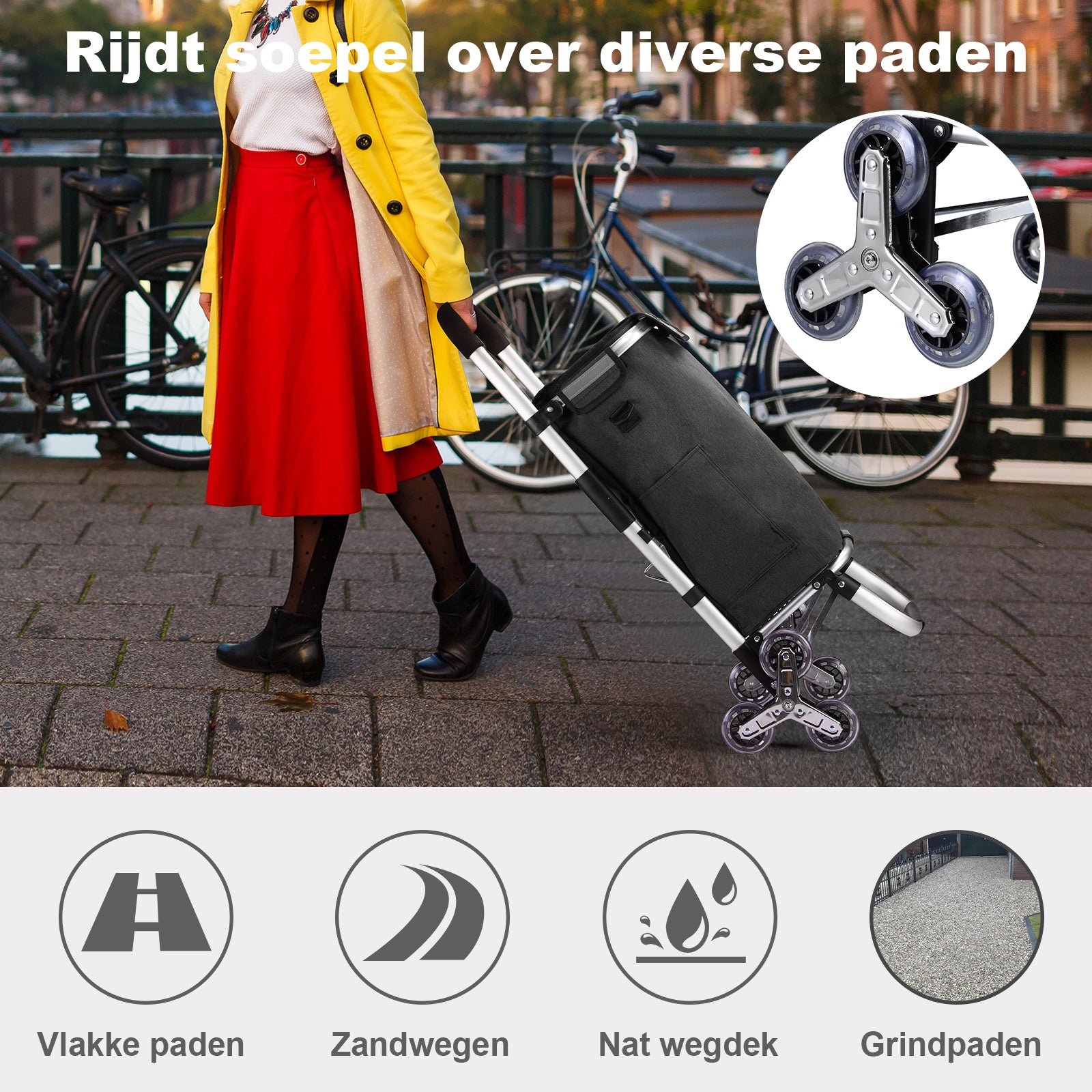 Boodschappentrolley 40L  met trapwielen grijs - winkelwagen ophanging - opvouwbaar - telescopisch handvat