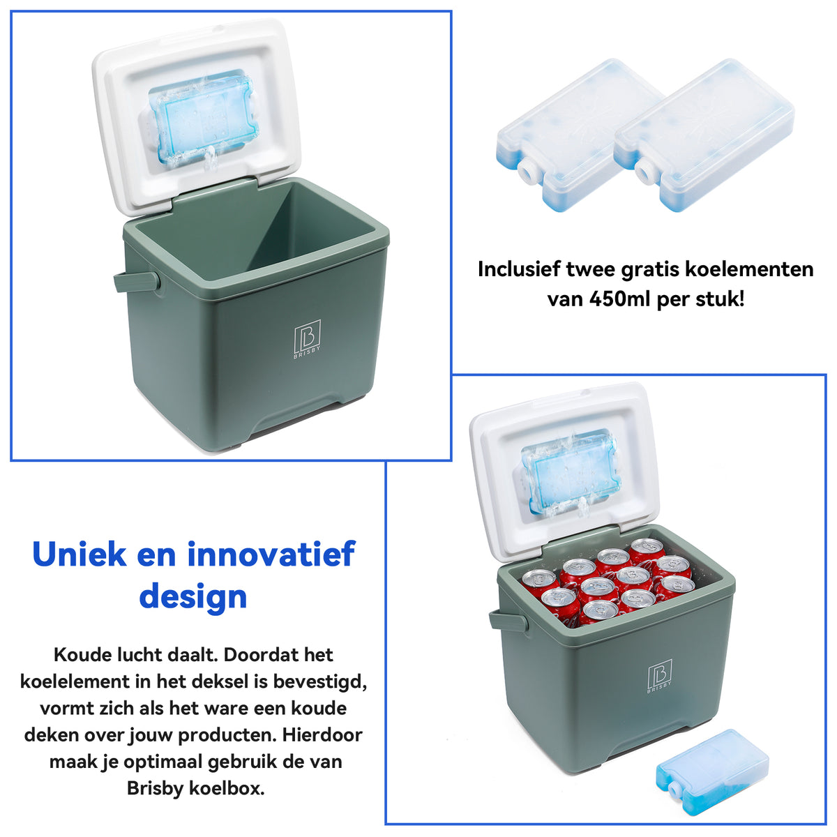 Brisby Koelbox - Frigobox - 13L- Groen - Tot maximaal 40 uur isolatie - Incl. 2 dikke koelelementen van 450ml - Met koelelementen vergrendeld in deksel en Brisby 500ml Zwarte Dubbelwandige Thermosfles