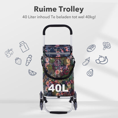 Packaway Boodschappentrolley met Trapwielen 40 Liter - Opvouwbare Boodschappenwagen met ruim Koelvak - Japanese Flower