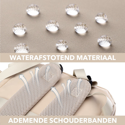 Brisby Premium Luiertas – Uitgebreide en Functionele Verzorgingstas – met buggymontage – Anti Diefstal Vakken - Reistrolley Sleeve - Inclusief verschoonmatje t.w.v.15,99 euro en speenhouder - Levenslange Garantie - Natural Champagne