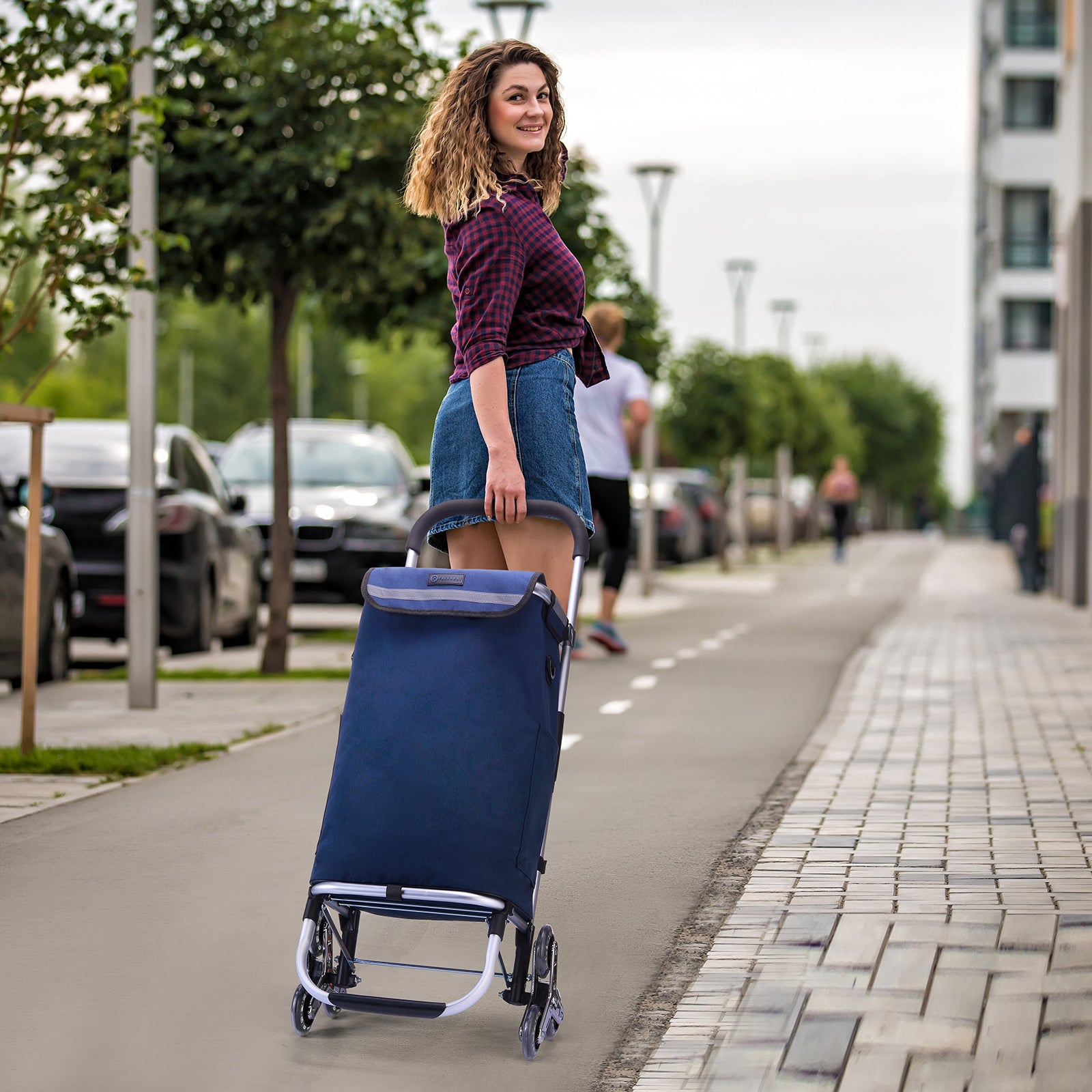 Boodschappentrolley met trapwielen 40L blauw - winkelwagen ophanging - opvouwbaar - telescopisch handvat