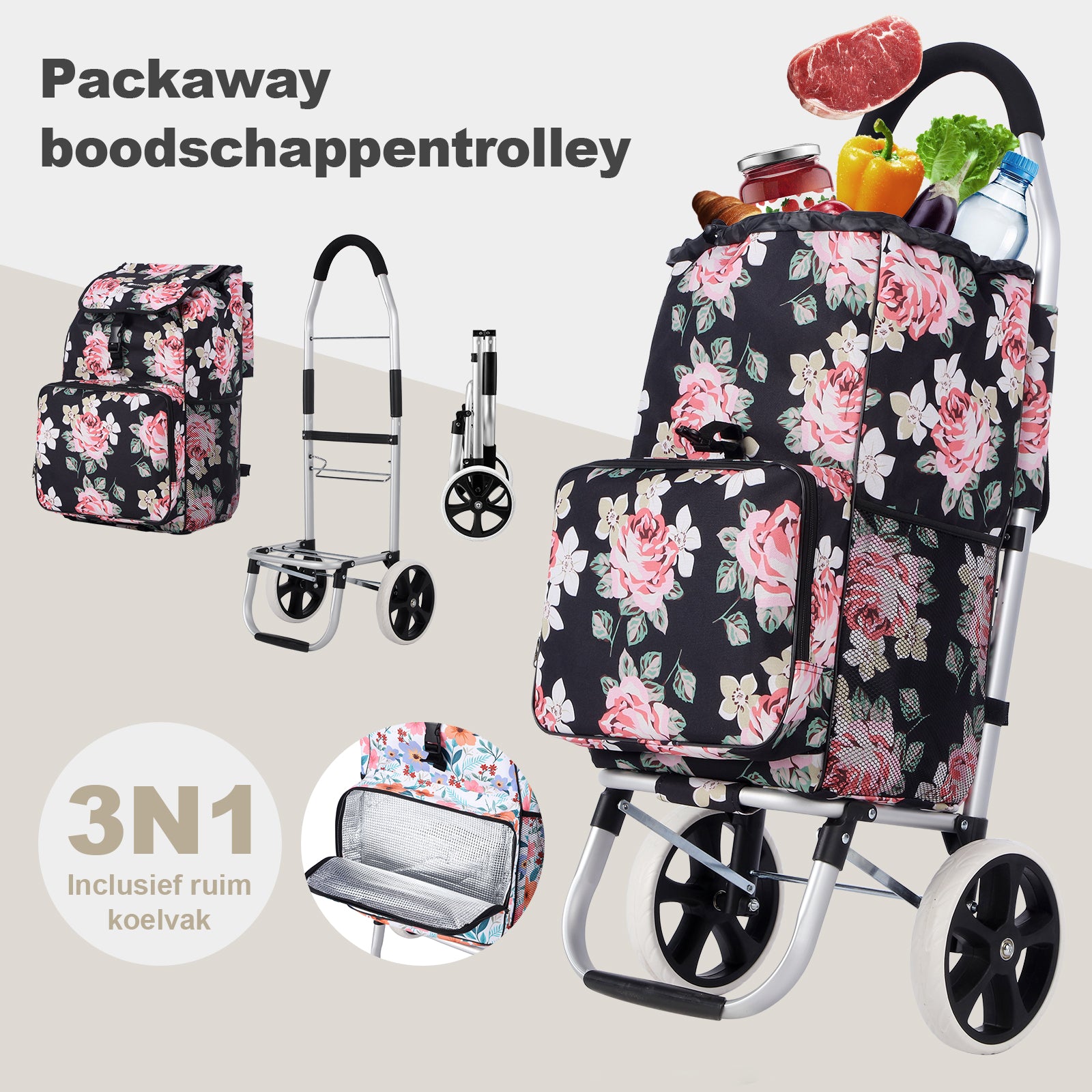 Packaway Boodschappentrolley 45L met Koelvak - Boodschappenwagen met Grote Wielen - Steekwagenfunctie - Waterafstotend - Black Flower