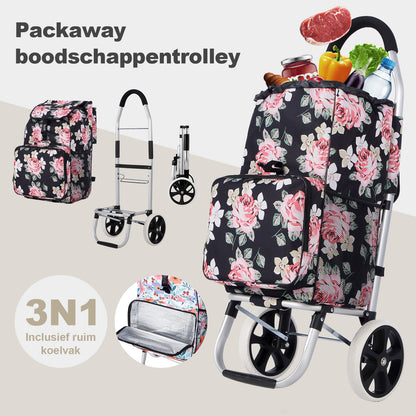 Packaway Boodschappentrolley 45L met Koelvak - Boodschappenwagen met Grote Wielen - Steekwagenfunctie - Waterafstotend - Black Flower