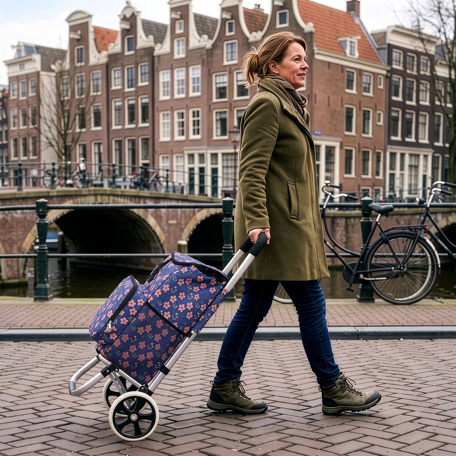 Packaway Boodschappentrolley 45L met Koelvak - Boodschappenwagen met Grote Wielen - Steekwagenfunctie - Waterafstotend - Blue Blossom