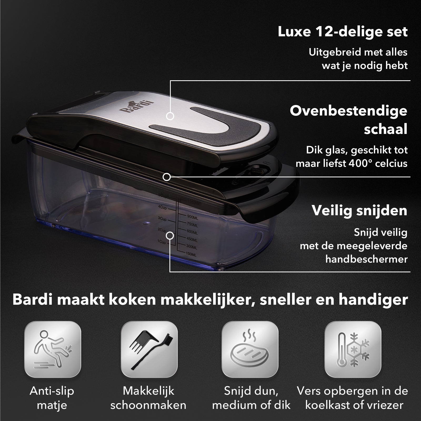 Bardi 11-delige mandoline - groentesnijder - zwart