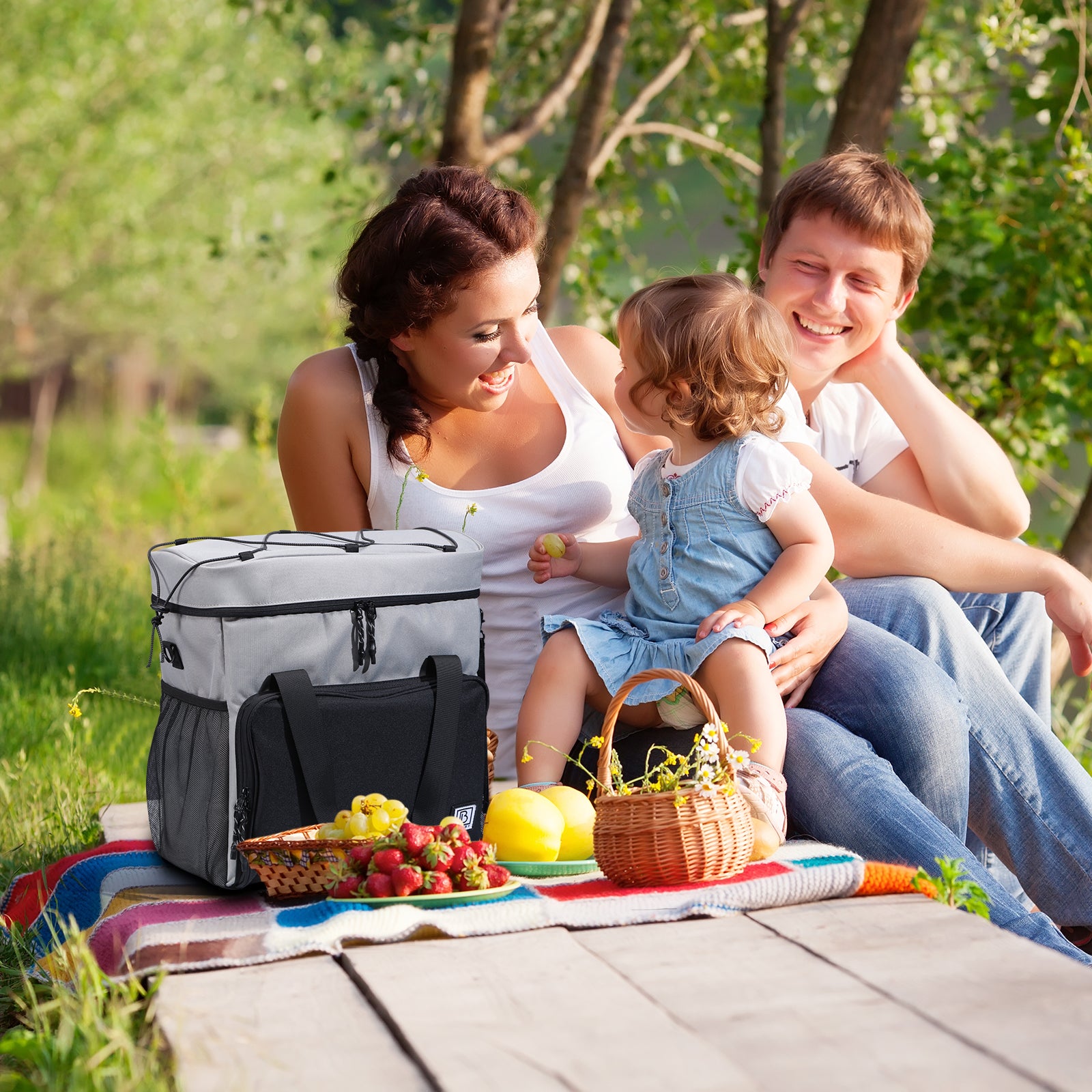 Koeltas 30L zwart-grijs-grijs - Lunchtas - 4 laags geïsoleerd - incl. 4 koelelementen