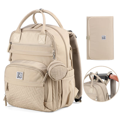 Brisby Premium Luiertas – Uitgebreide en Functionele Verzorgingstas – met buggymontage – Anti Diefstal Vakken - Reistrolley Sleeve - Inclusief verschoonmatje t.w.v.15,99 euro en speenhouder - Levenslange Garantie - Natural Champagne