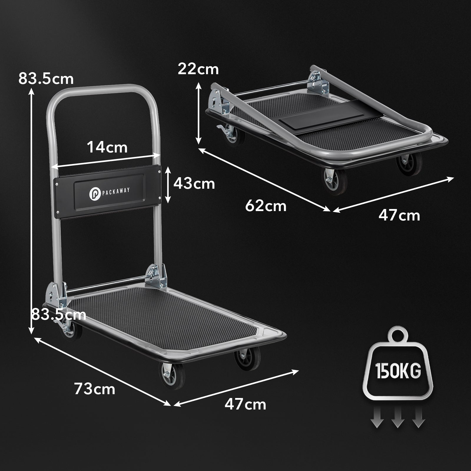 Packaway Professionele Opvouwbare Transportwagen 150 kg – Transportkar met Rem – Antislip Laadplatform – 4 Wielen