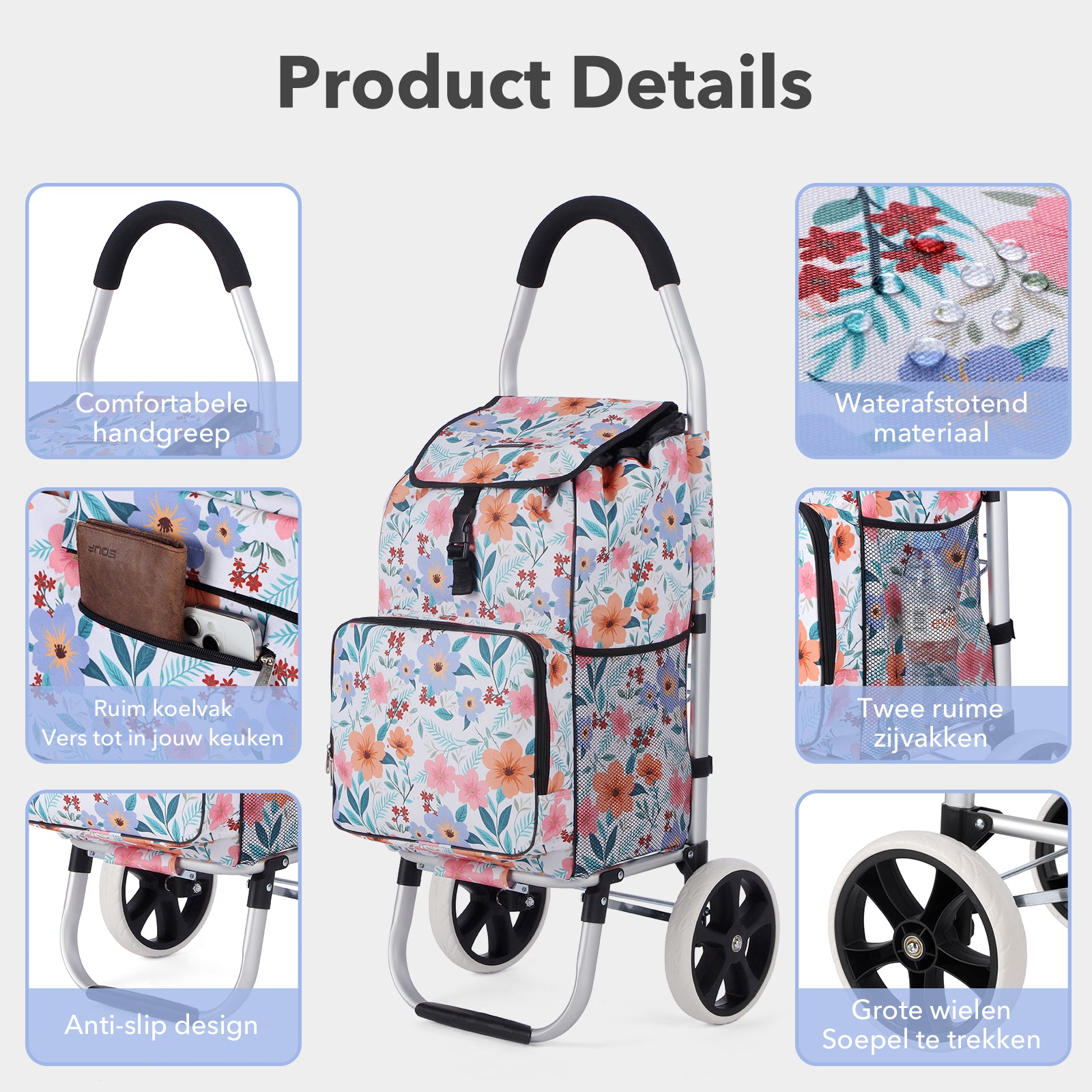 Packaway Boodschappentrolley 45L met Koelvak - Boodschappenwagen met Grote Wielen - Steekwagenfunctie - Waterafstotend - Pastel Blossom