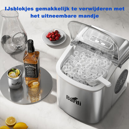 Bardi Deluxe Ice Cube Machine 1.2L Stainless Steel - Self-cleaning function - Ice cube maker with ice scoop - Incl. luxury thermos cup and ice scoop