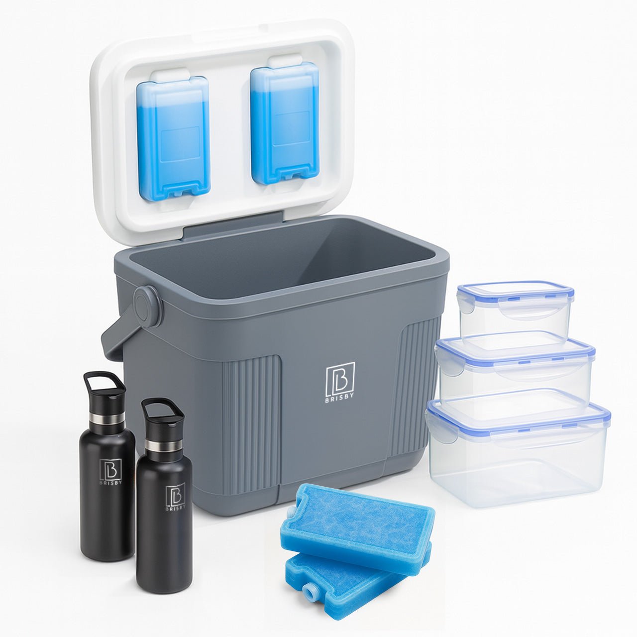 Koelbox 22L grijs SET - Tot maximaal 40 uur isolatie - incl. 4 450ml koelelementen, 2 zwarte 500ml thermosflessen en 3-delige set vershoudbakjes