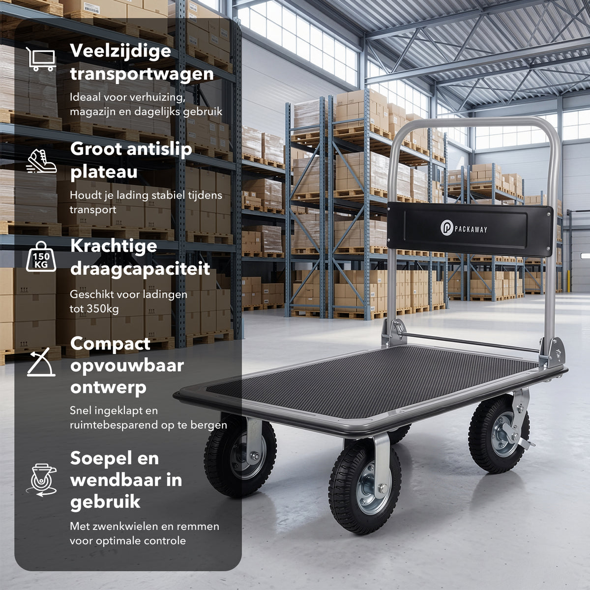 Packaway Professionele Opvouwbare Transportwagen 350 kg – Transportkar met Rubberen Luchtbanden – Rem – Antislip Laadplateau