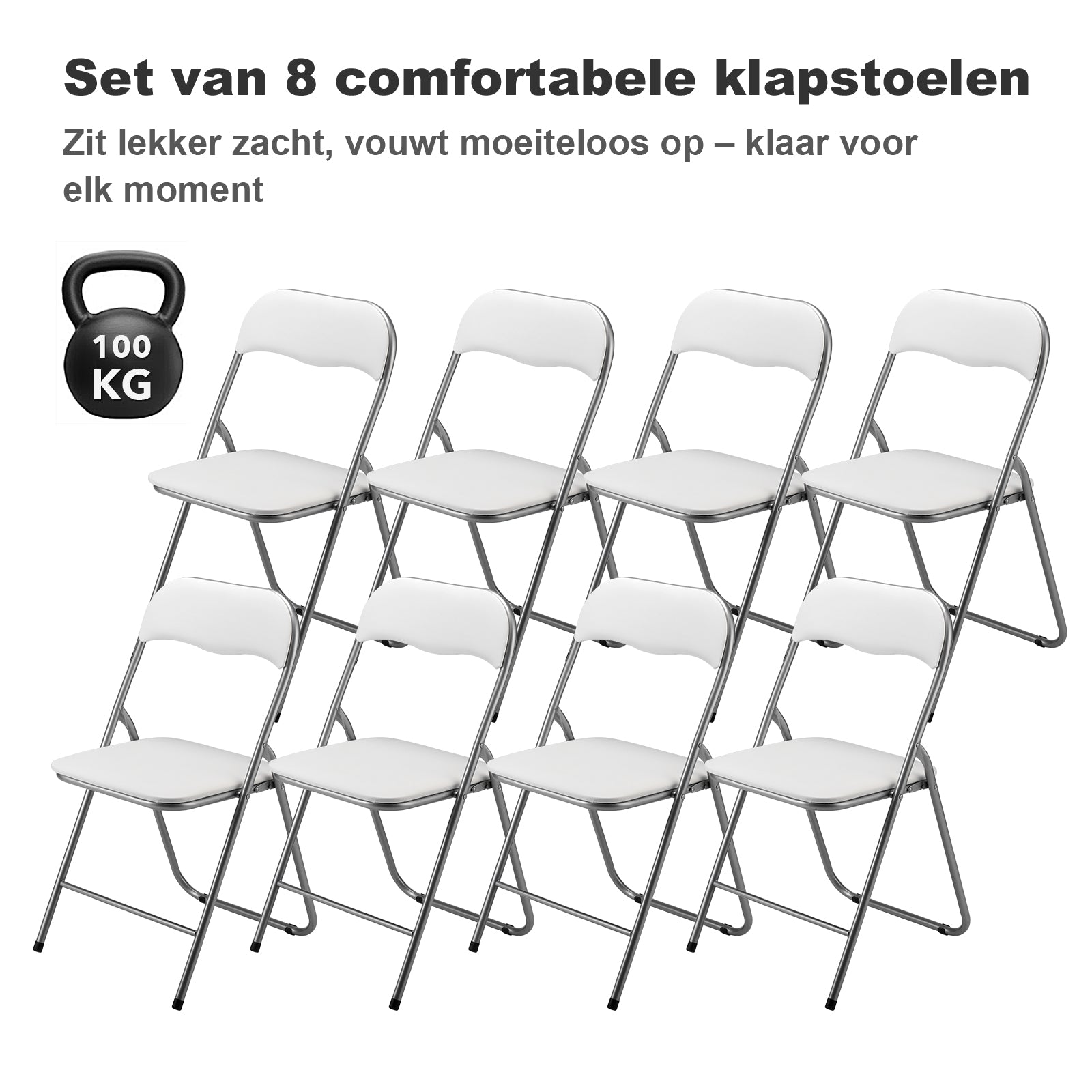 8-delige klapstoelenset - wit - 100kg draagkracht - 43 x 38 x 87 cm