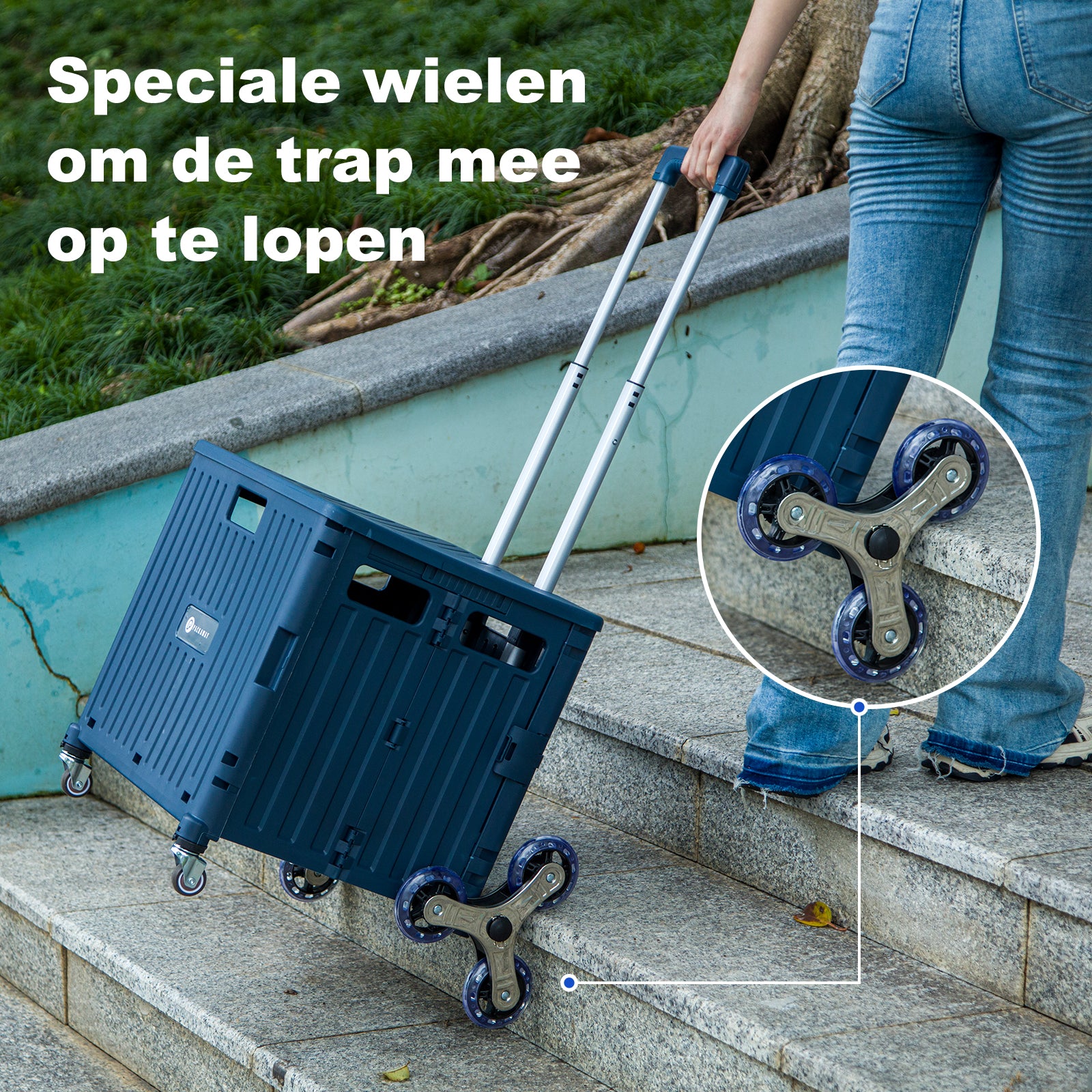 Boodschappentrolley 50L XL met trapwielen blauw - boodschappenkrat - 35 kg draagvermogen - met deksel en telescopisch handvat