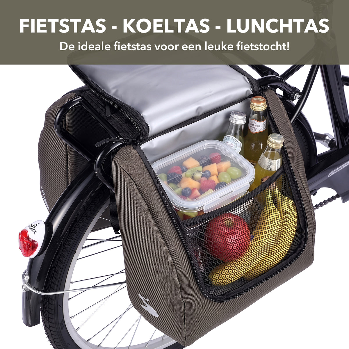 Brisby Dubbele Fietstas 34 Liter – Voor Gewone en Elektrische Fiets – Waterafstotend Polyester – Met Trekkoord, Gespsluiting en Reflectie – Groen