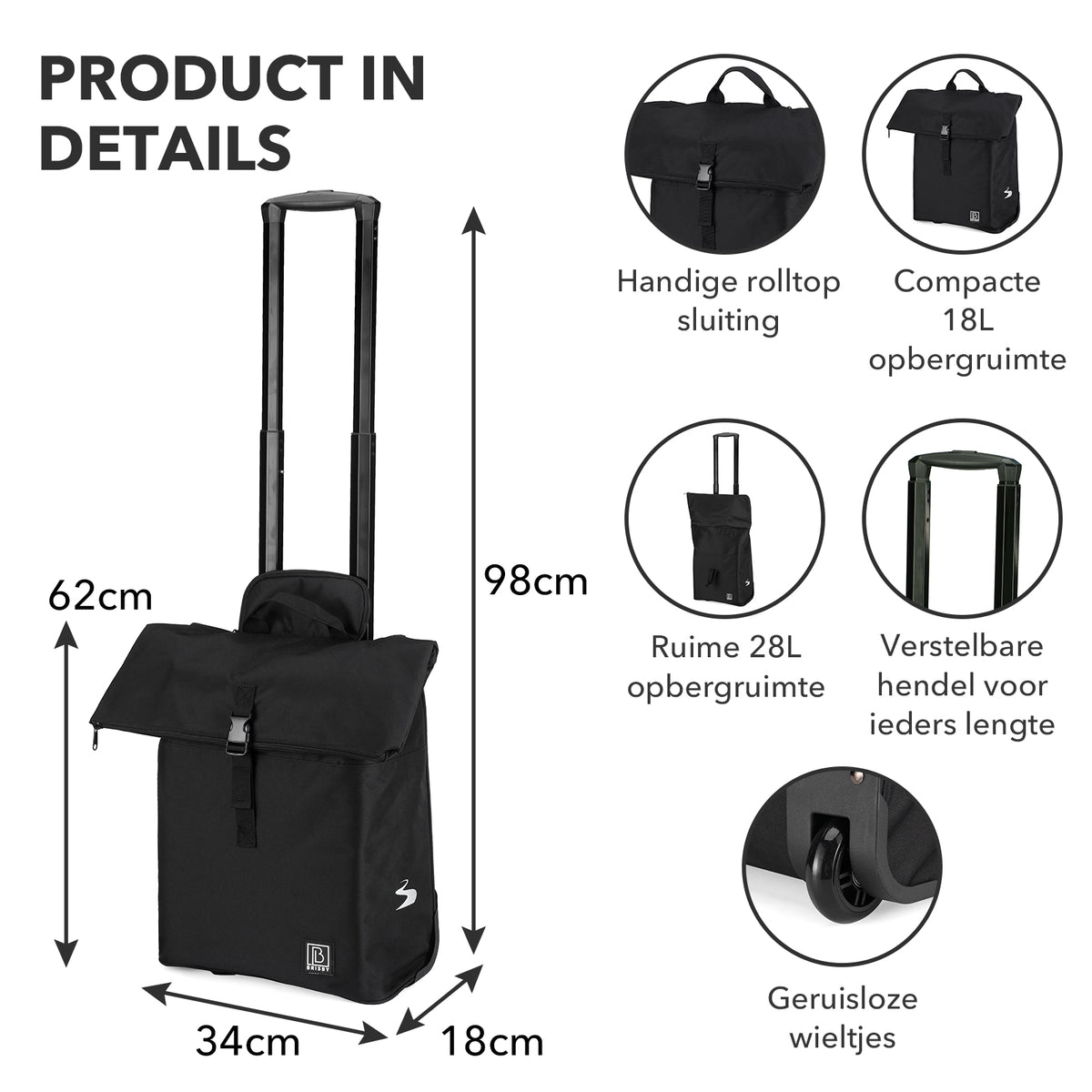Fietstrolley Tas 2-in-1 Fietstas en Trolley Zwart 18-28L Laptopvak Verstelbare Hendel Bevestigingssysteem - Zwart