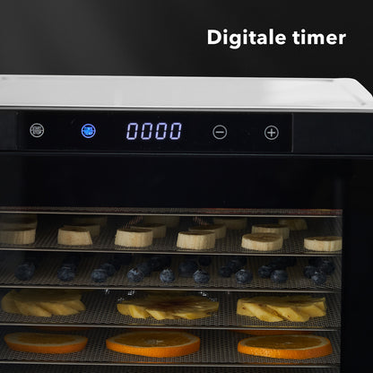 Bardi Voedseldroger 10-laags 1000W RVS - 24-uurs timer - led-bedieningspaneel - incl. 10 inlegvellen en voedseltang