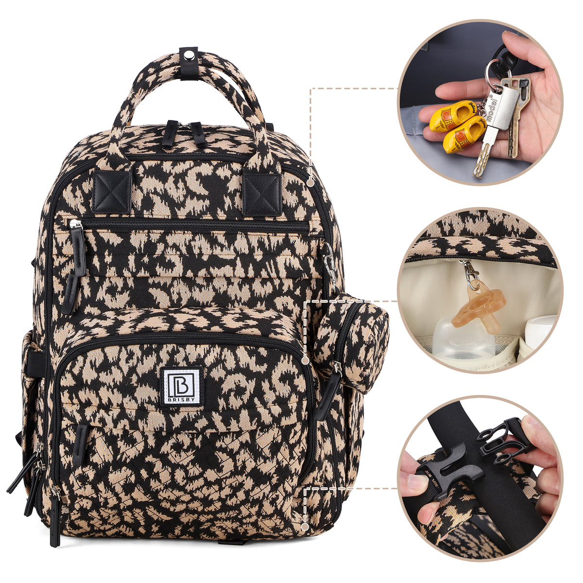 Brisby Premium Luiertas – Uitgebreide en Functionele Verzorgingstas – met buggymontage – Anti Diefstal Vakken - Reistrolley Sleeve - Inclusief verschoonmatje t.w.v.15,99 euro en speenhouder - Levenslange Garantie - Leo