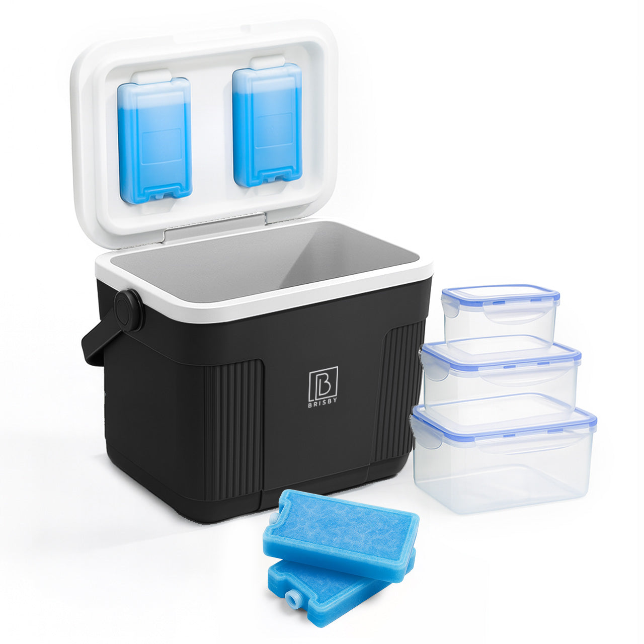 Brisby Koelbox 22L zwart -  incl. 3-delige vershoudbakjes set en 4 koelelementen - tot 40 uur isolatie - temperatuur veilige sluiting