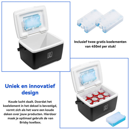 Brisby Koelbox 8L zwart - tot 40 uur isolatie - incl. 2 koelelementen - temperatuur veilige sluiting