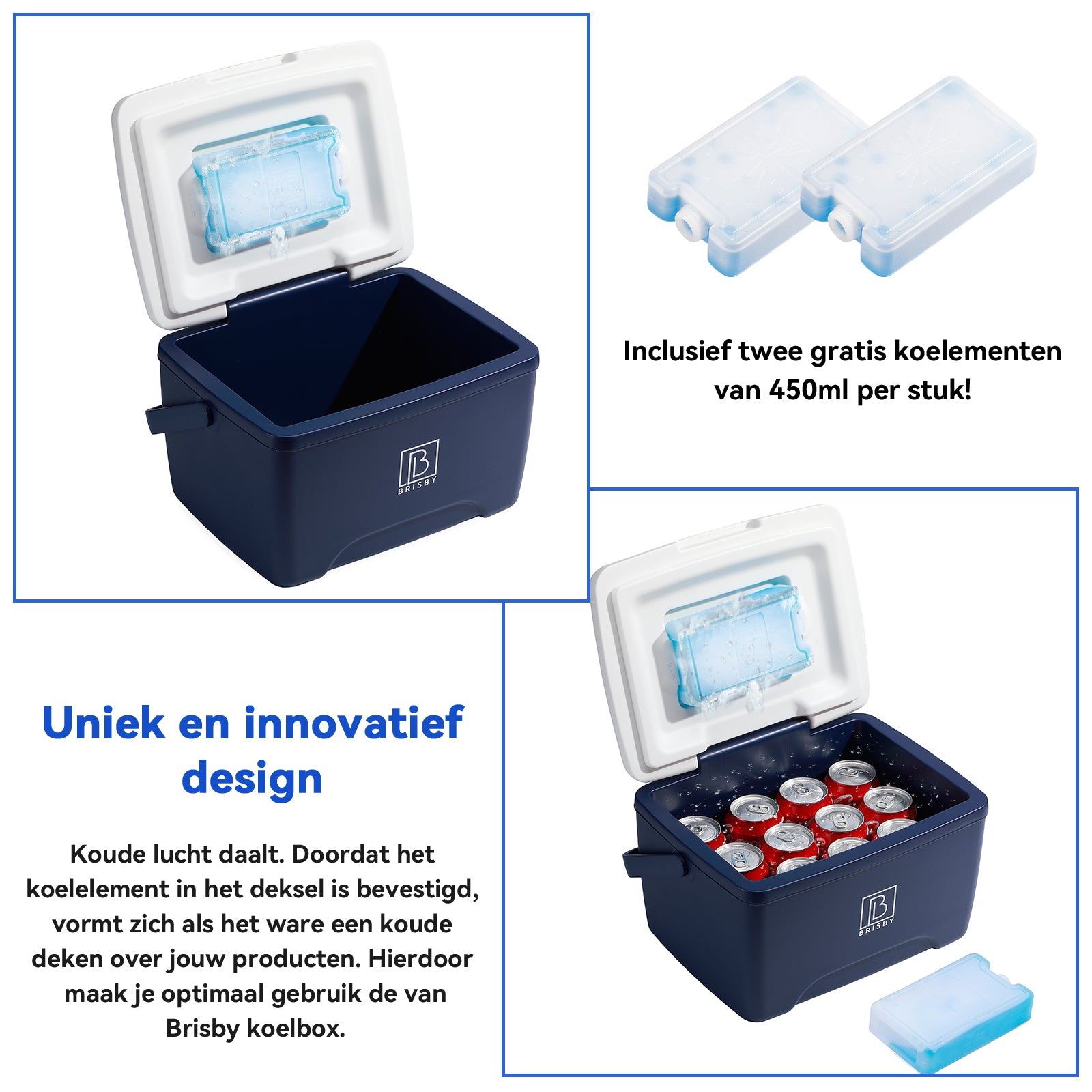 Brisby Koelbox 8L blauw - tot 40 uur isolatie - incl. 2 koelelementen - temperatuur veilige sluiting