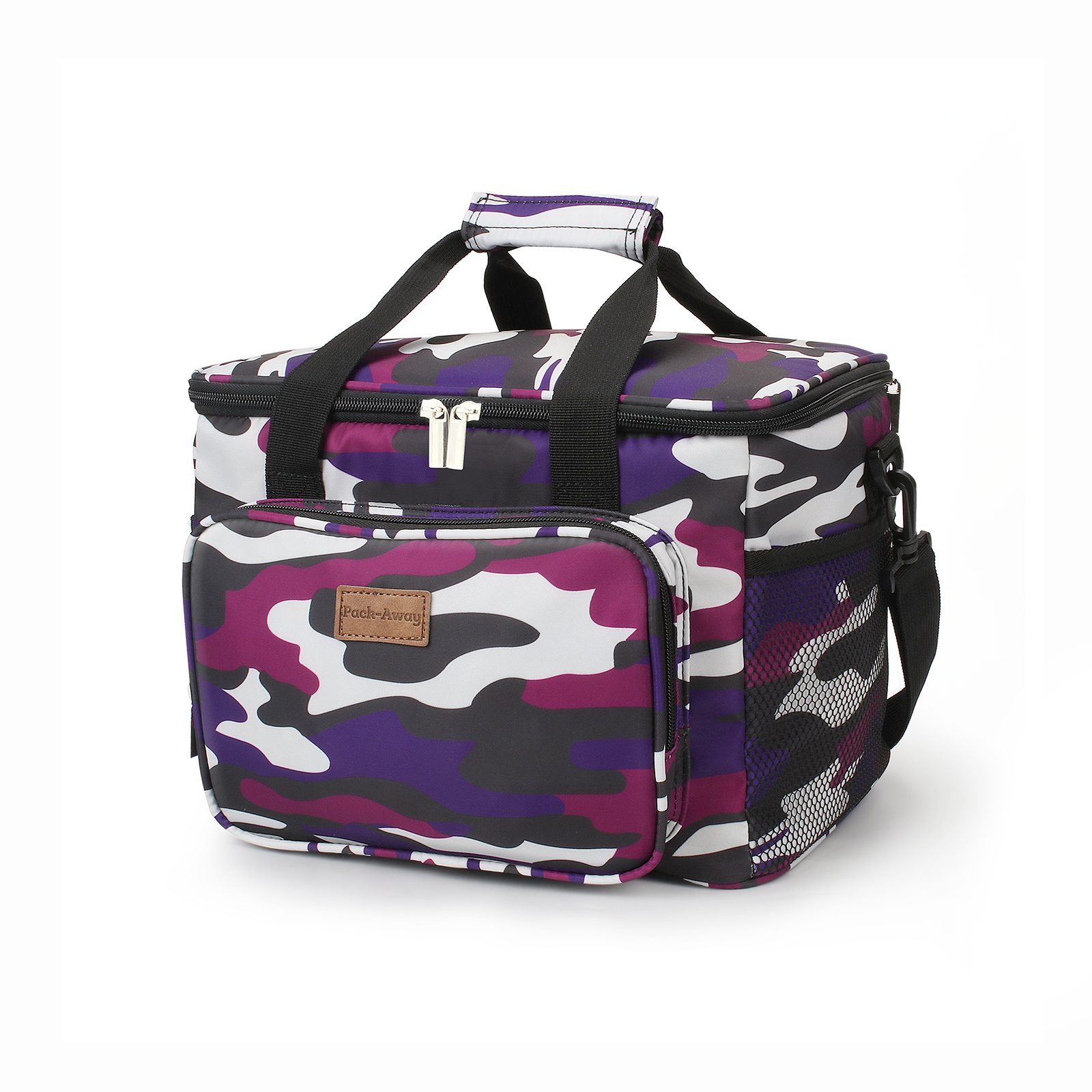 Koeltas 15L camouflage paars - lunchtas - 4-laags geïsoleerd - opvouwbaar - incl. 2 gratis koelelementen en draagband