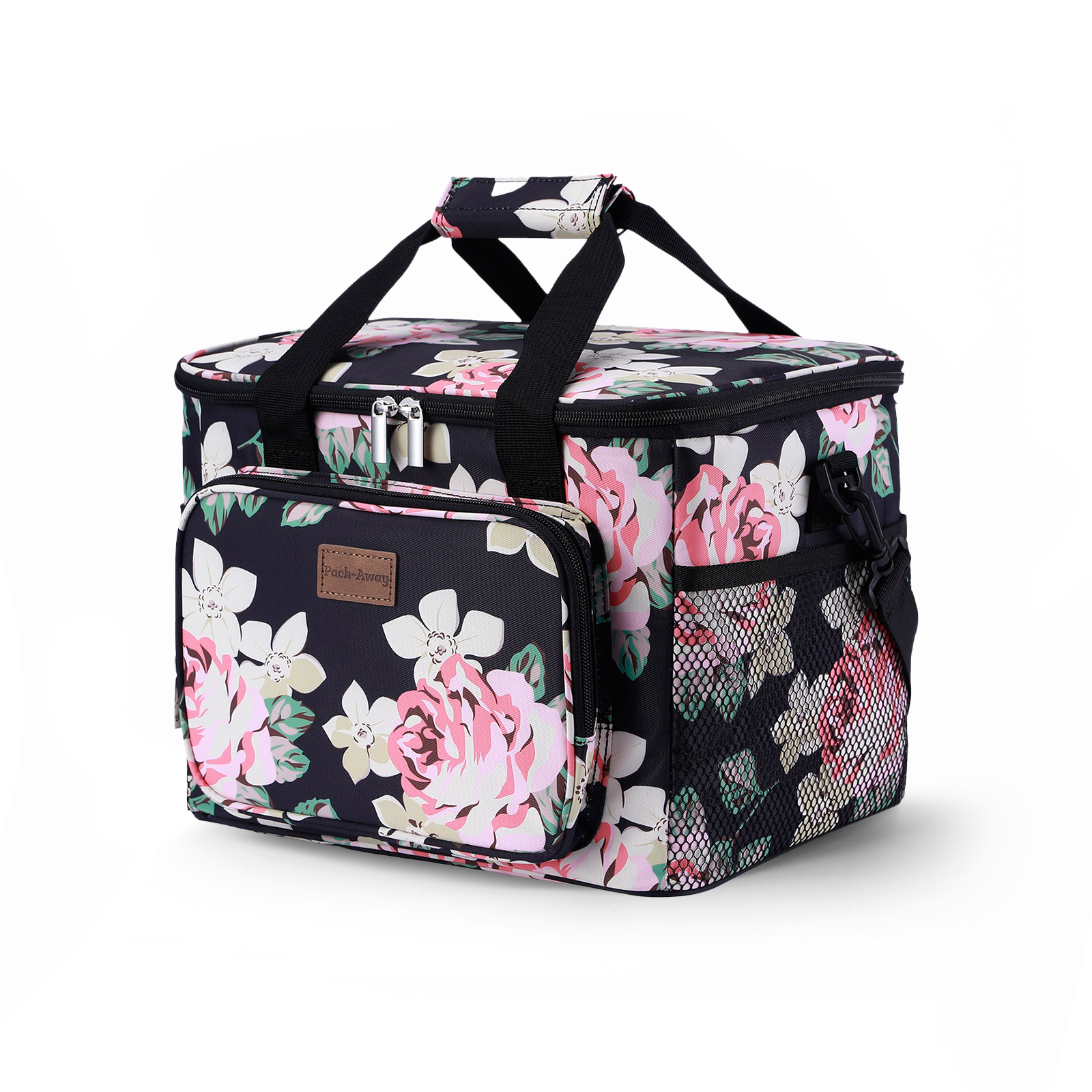 Koeltas 15L abstract black flower - lunchtas - 4-laags geïsoleerd - opvouwbaar - incl. 2 gratis koelelementen en draagband