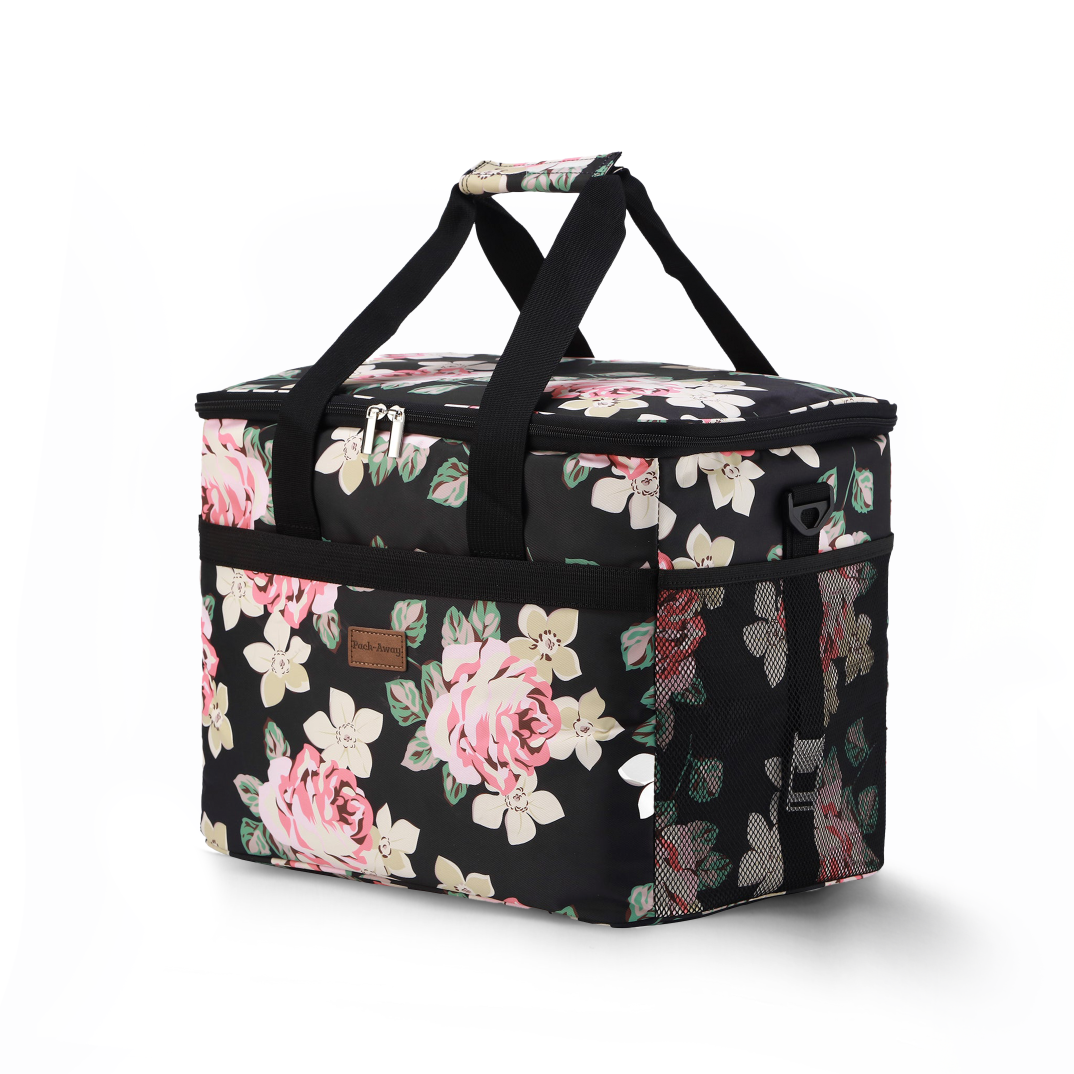 Koeltas 30L black flower - lunchtas - opvouwbaar - 4-laags geïsoleerd - incl. 4 gratis koelelementen en draagband