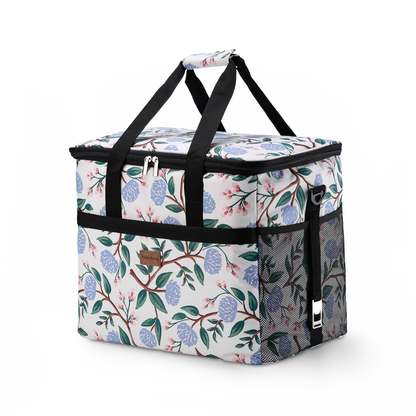 Koeltas 40L white flower - lunchtas - opvouwbaar - 4-laags geïsoleerd - incl. 6 gratis koelelementen en draagband