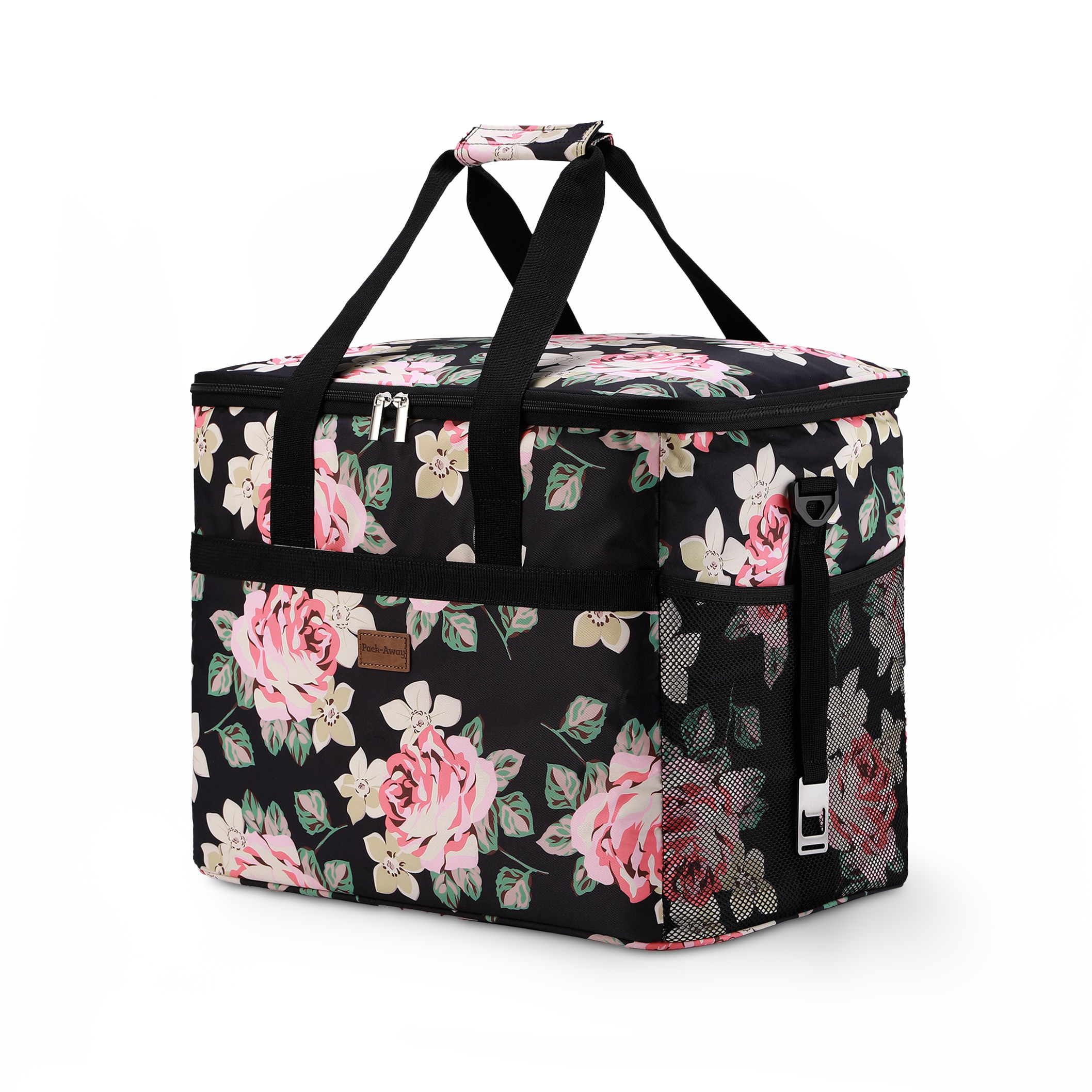 Koeltas 40L black flower - lunchtas - opvouwbaar - 4-laags geïsoleerd - incl. 6 gratis koelelementen en draagband