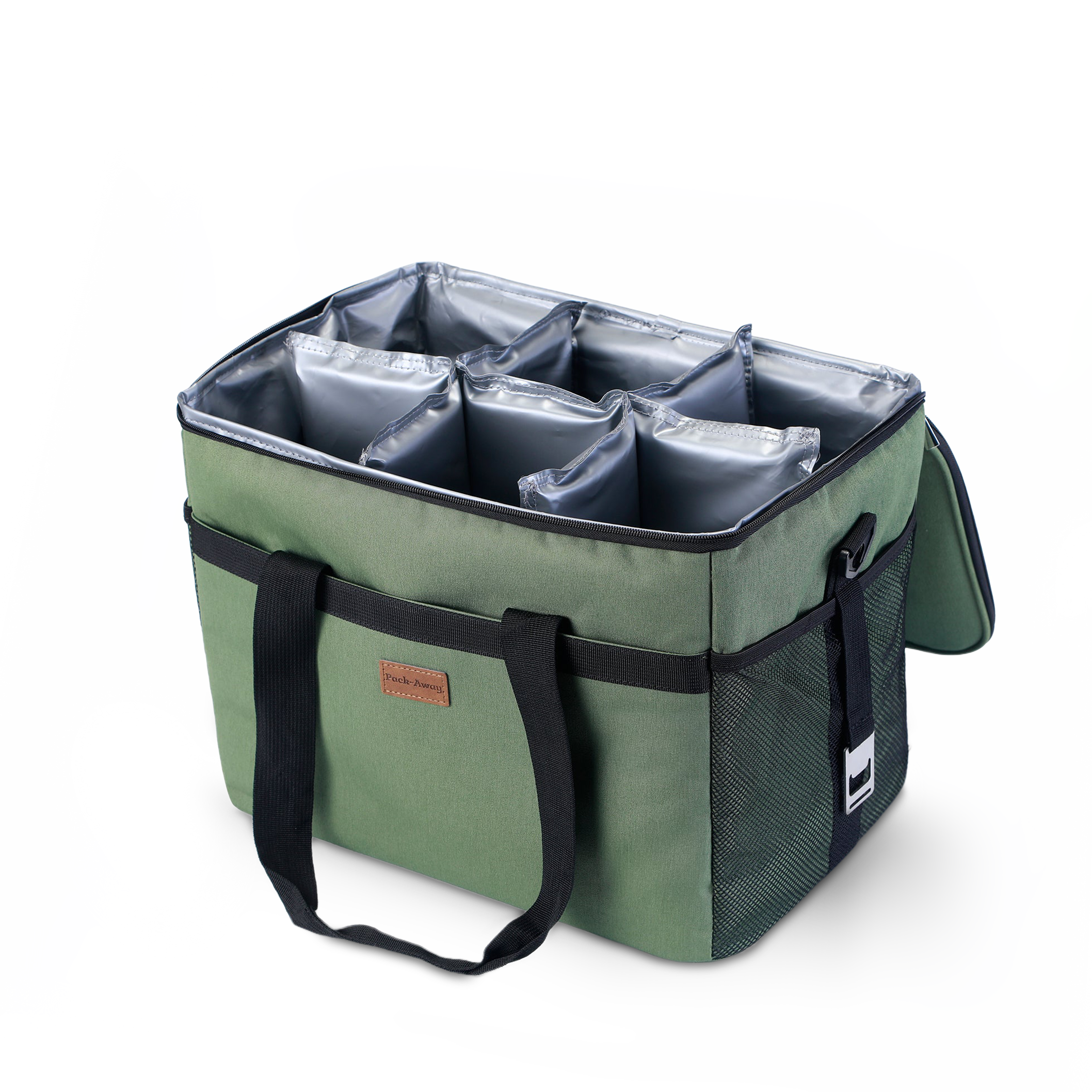 Koeltas 40L met divider groen - lunchtas - opvouwbaar - 4-laags geïsoleerd - incl. 6 gratis koelelementen en draagband