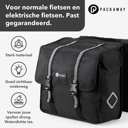 Packaway Double Panniers - Waterproof Panniers Electric Bike - Reflective - Black 36 Liters