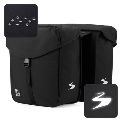 Brisby Dubbele Fietstas 34 Liter – Voor Gewone en Elektrische Fiets – Waterafstotend Polyester – Met Trekkoord, Gespsluiting en Reflectie – Zwart