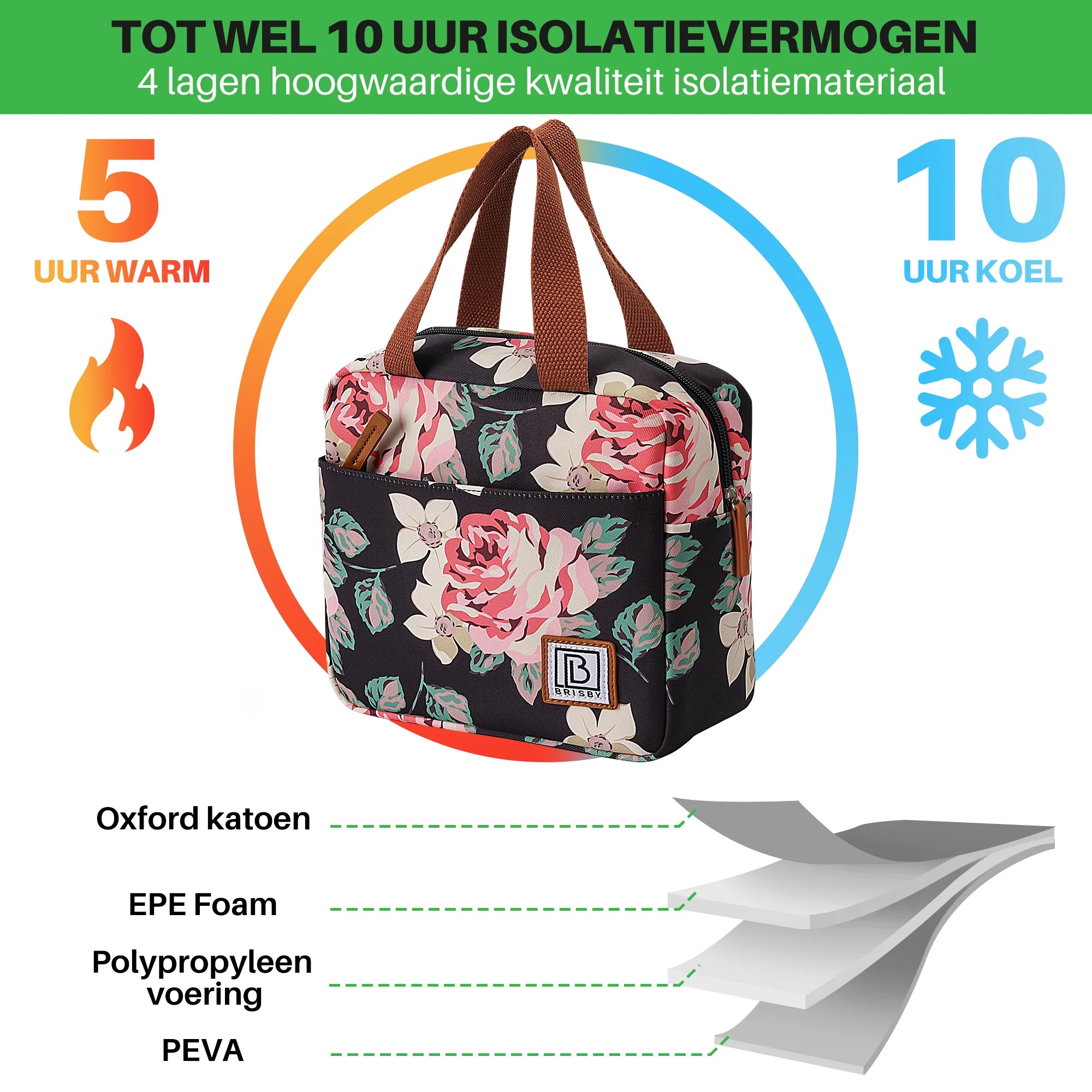 Cooler bag 4L black flowers - 4-layer insulated - free cooling element