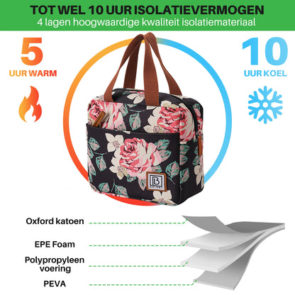 Cooler bag 4L black flowers - 4-layer insulated - free cooling element