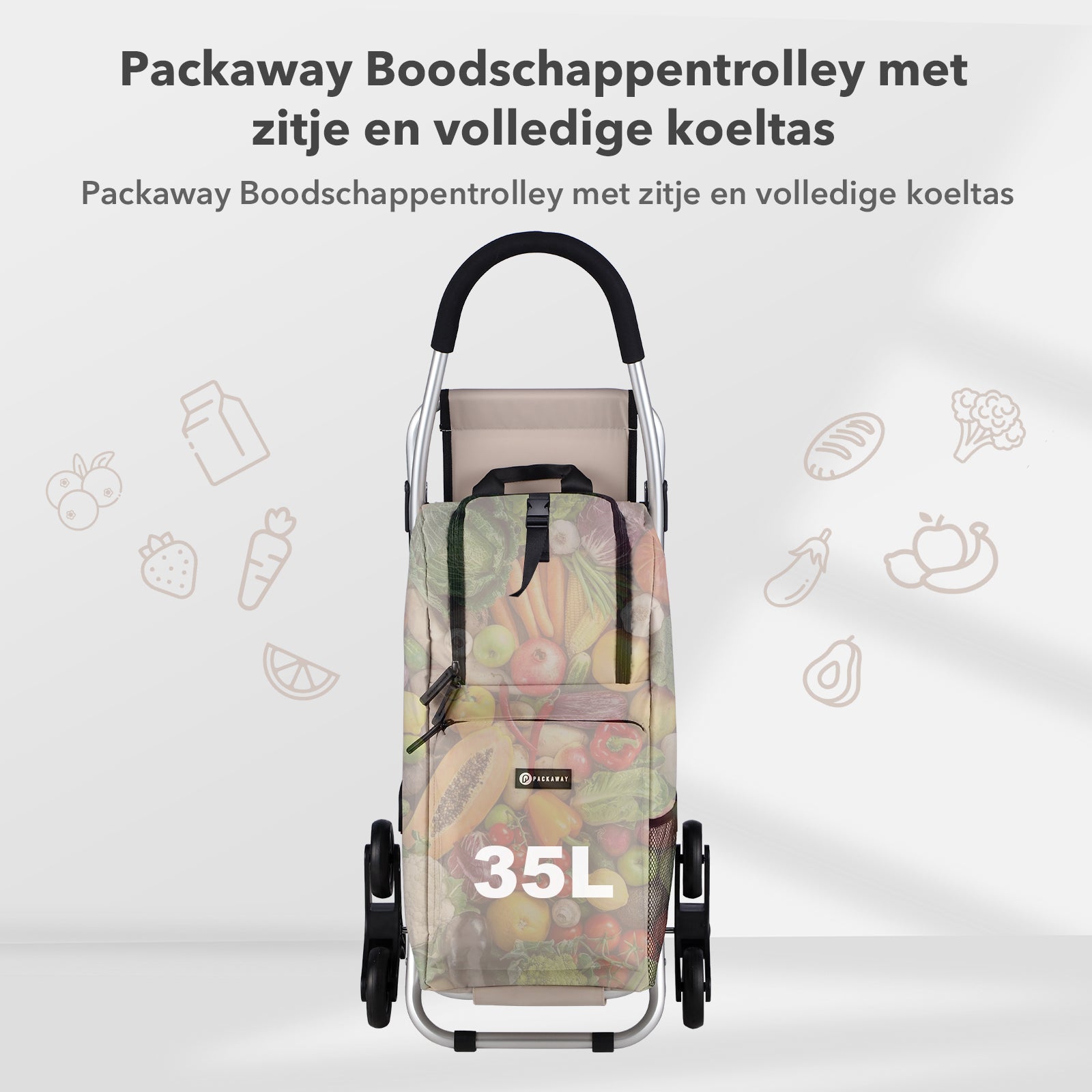 Packaway 35L Boodschappentrolley met 6 Wielen voor Trappen - Klapstoel Functie - Steekwagen Functie - Geïsoleerd - Afneembare Rugzak - Champagne