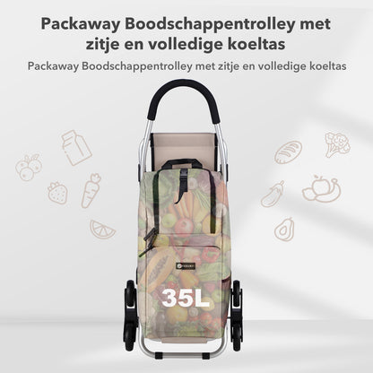Packaway 35L Boodschappentrolley met 6 Wielen voor Trappen - Klapstoel Functie - Steekwagen Functie - Geïsoleerd - Afneembare Rugzak - Champagne