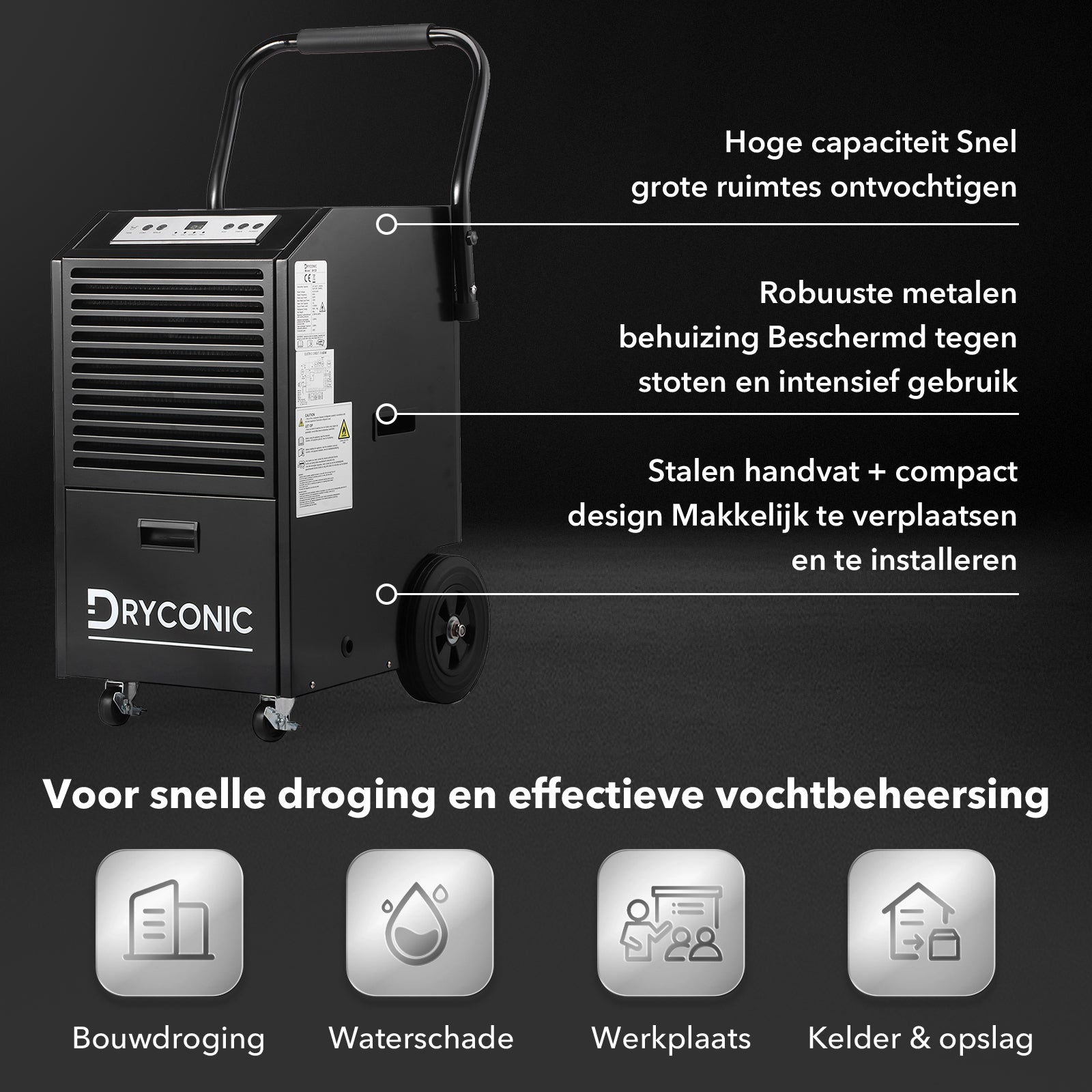 Dryconic luchtontvochtiger 50L - professionele bouwdroger - continue afvoer - 5,5L watertank