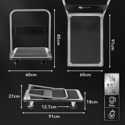Packaway Opvouwbare Transportwagen 350 kg – Transportkar met Rem – 92 x 62 cm – Antislip Laadplatform – 4 Wielen – Inklapbare Duwbeugel