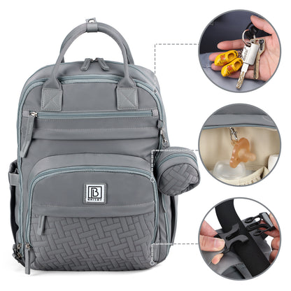 Brisby Premium Luiertas – Uitgebreide en Functionele Verzorgingstas – met buggymontage – Anti Diefstal Vakken - Reistrolley Sleeve - Inclusief verschoonmatje t.w.v.15,99 euro en speenhouder - Levenslange Garantie - Misty Grey
