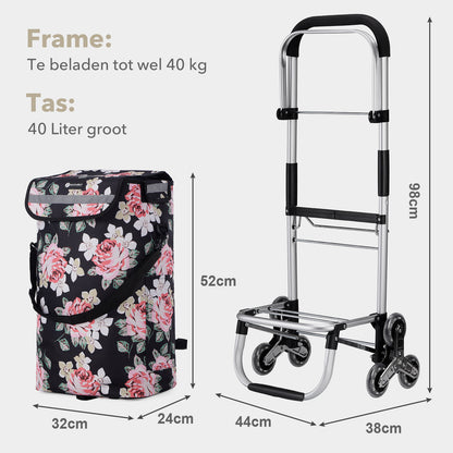 Packaway Boodschappentrolley met Trapwielen 40 Liter - Opvouwbare Boodschappenwagen met ruim Koelvak - Black Flower