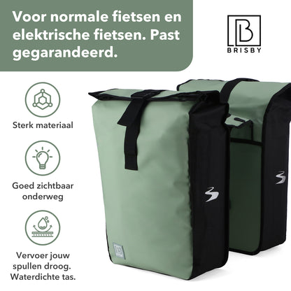 Brisby Dubbele Fietstas Rolltop Zwart 39-48L Waterdicht Geschikt voor Elektrische Fietsen & E-Bike - Groen