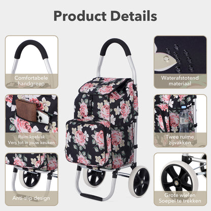 Packaway Boodschappentrolley 45L met Koelvak - Boodschappenwagen met Grote Wielen - Steekwagenfunctie - Waterafstotend - Black Flower
