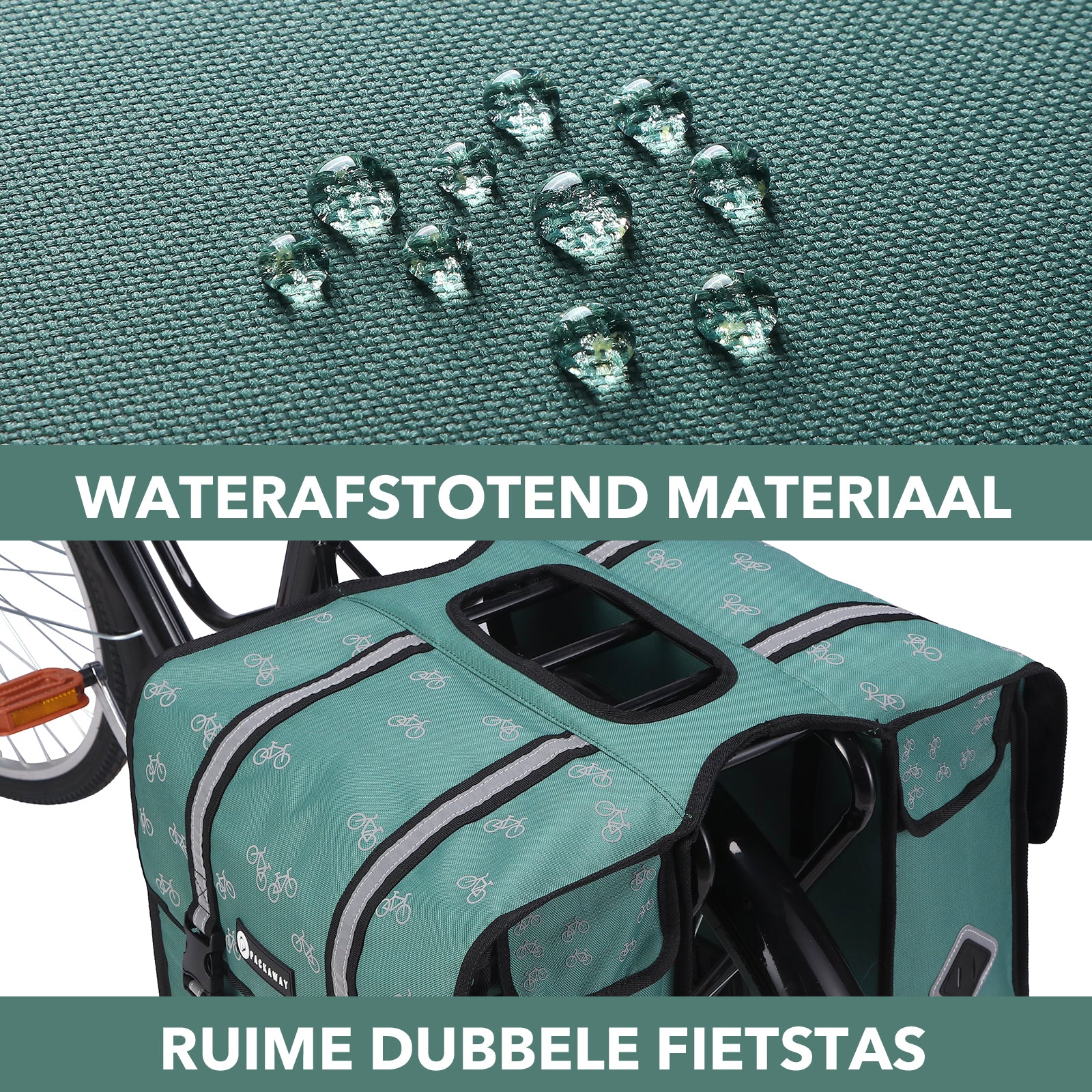 Packaway Dubbele Fietstassen 36L patroon zwart groen - waterdicht - reflectie
