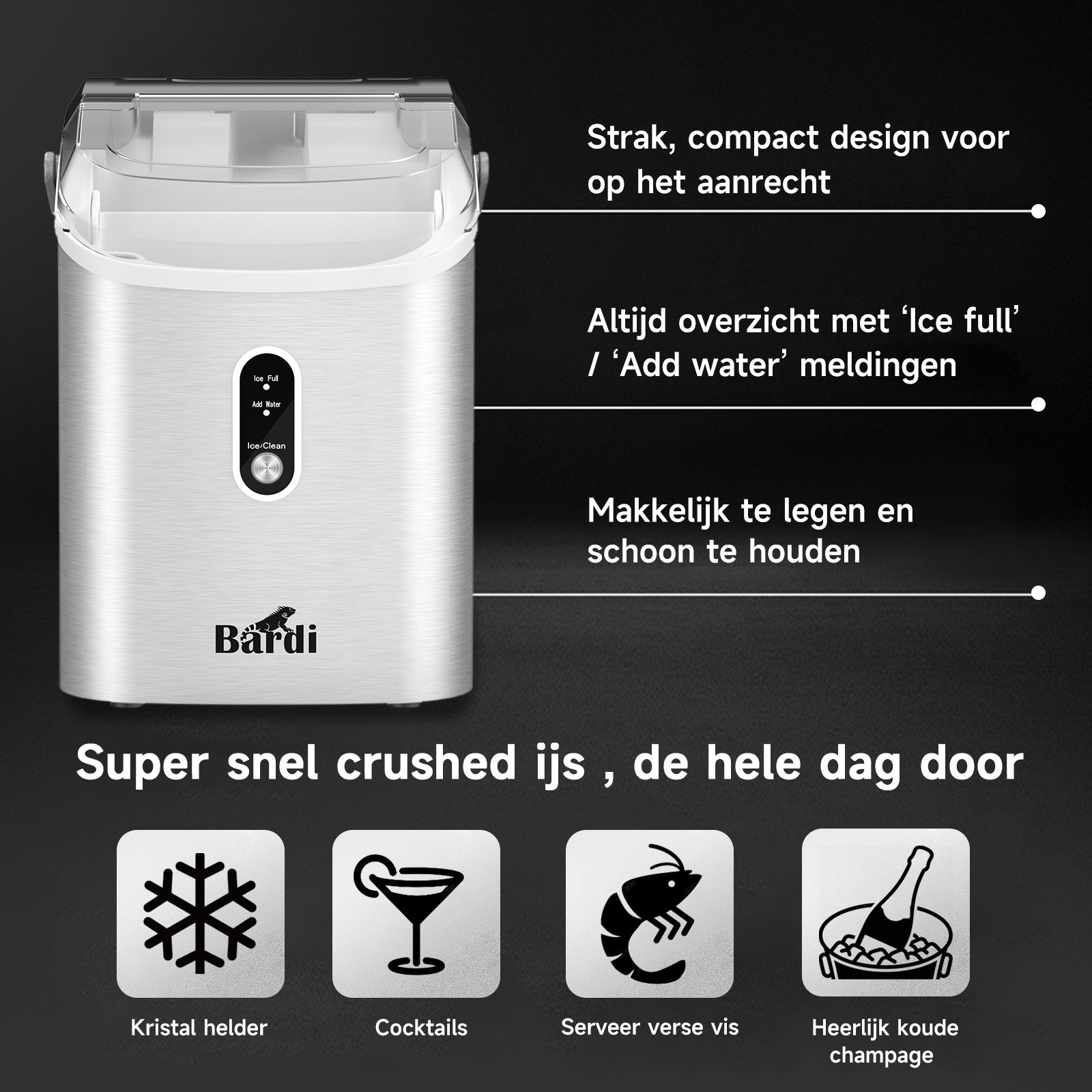 Bardi 1.1L - Nugget IJsblokjesmachine Rond - Crushed Ice Maker met IJsschep - 15kg/24 uur - Ijsblokjesmaker - Met Luxe Thermosbeker - RVS - Citruspers RVS