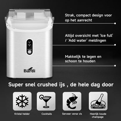 Bardi 1.1L - Nugget IJsblokjesmachine Rond - Crushed Ice Maker met IJsschep - 15kg/24 uur - Ijsblokjesmaker - Met Luxe Thermosbeker - RVS - Citruspers RVS