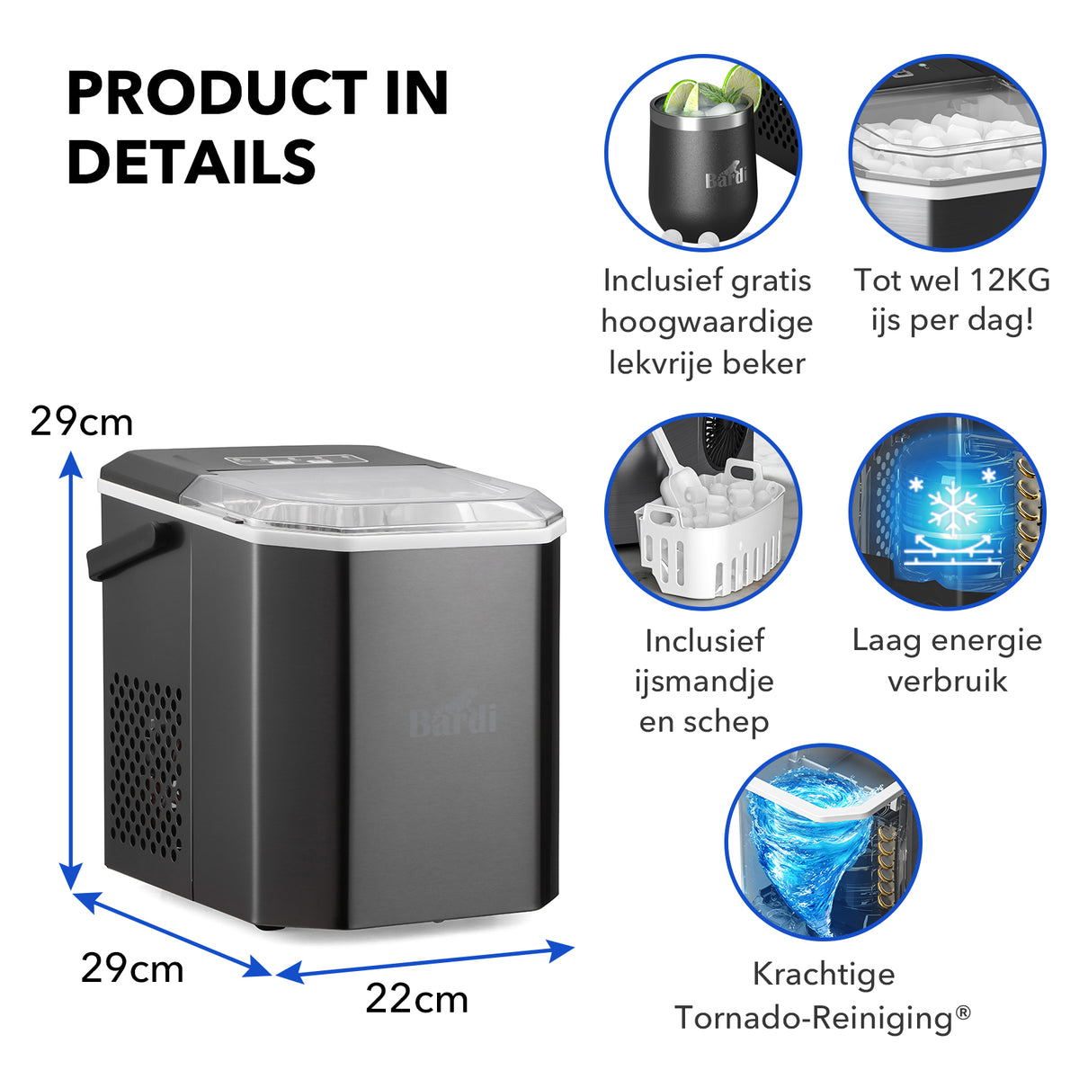 Bardi 1.3L Deluxe IJsblokjesmachine Square – IJsblokmaker Inclusief Luxe Thermosbeker en IJsschep – 9 Blokjes in 8 Minuten – RVS