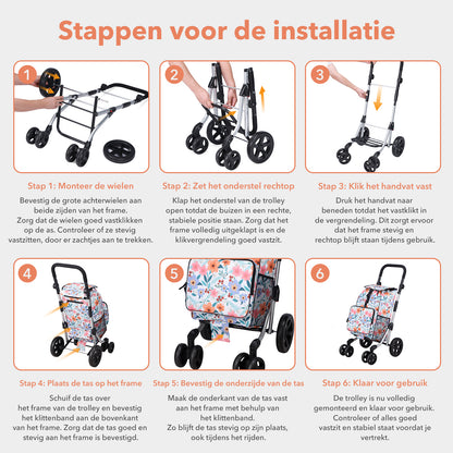 Packaway Boodschappentrolley met 4 wielen - boodschappenwagen deluxe met koelvak en verstelbaar handvat – 60 liter – Pastel Blossom